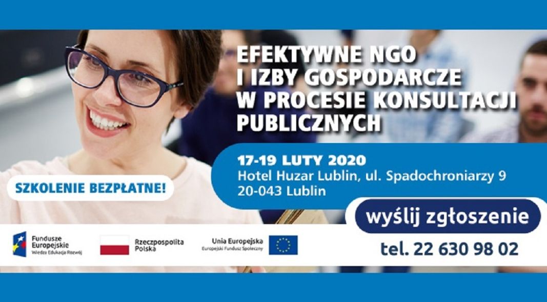 Zaproszenie na bezpłatne szkolenie dla pracowników, członków i wolontariuszy organizacji pozarządowych oraz izb gospodarczych, które odbędzie się w dniach 17-19 lutego 2020 r. w Lublinie.