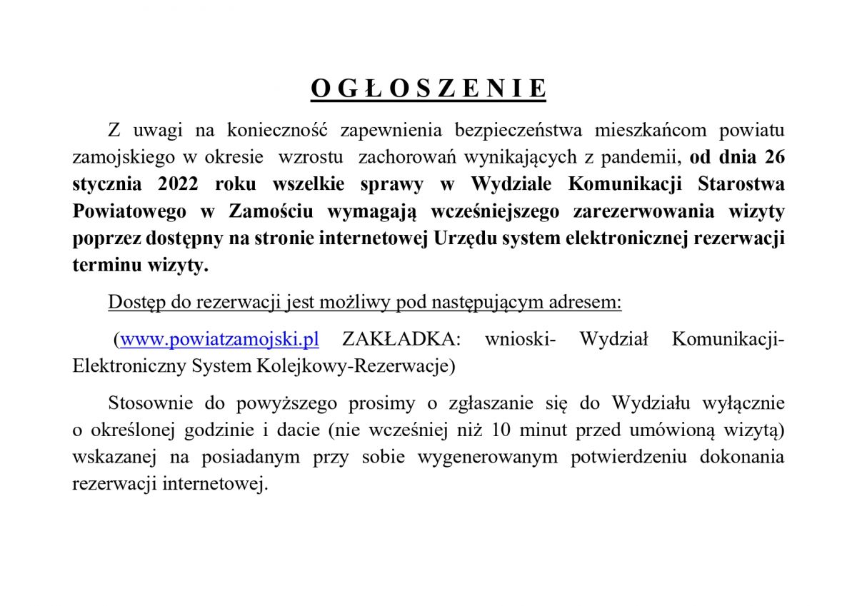 Zasady obsługi interesantów w Wydziale Komunikacji Starostwa Powiatowego w Zamościu obowiązujące od dnia 26 stycznia 2022 r.